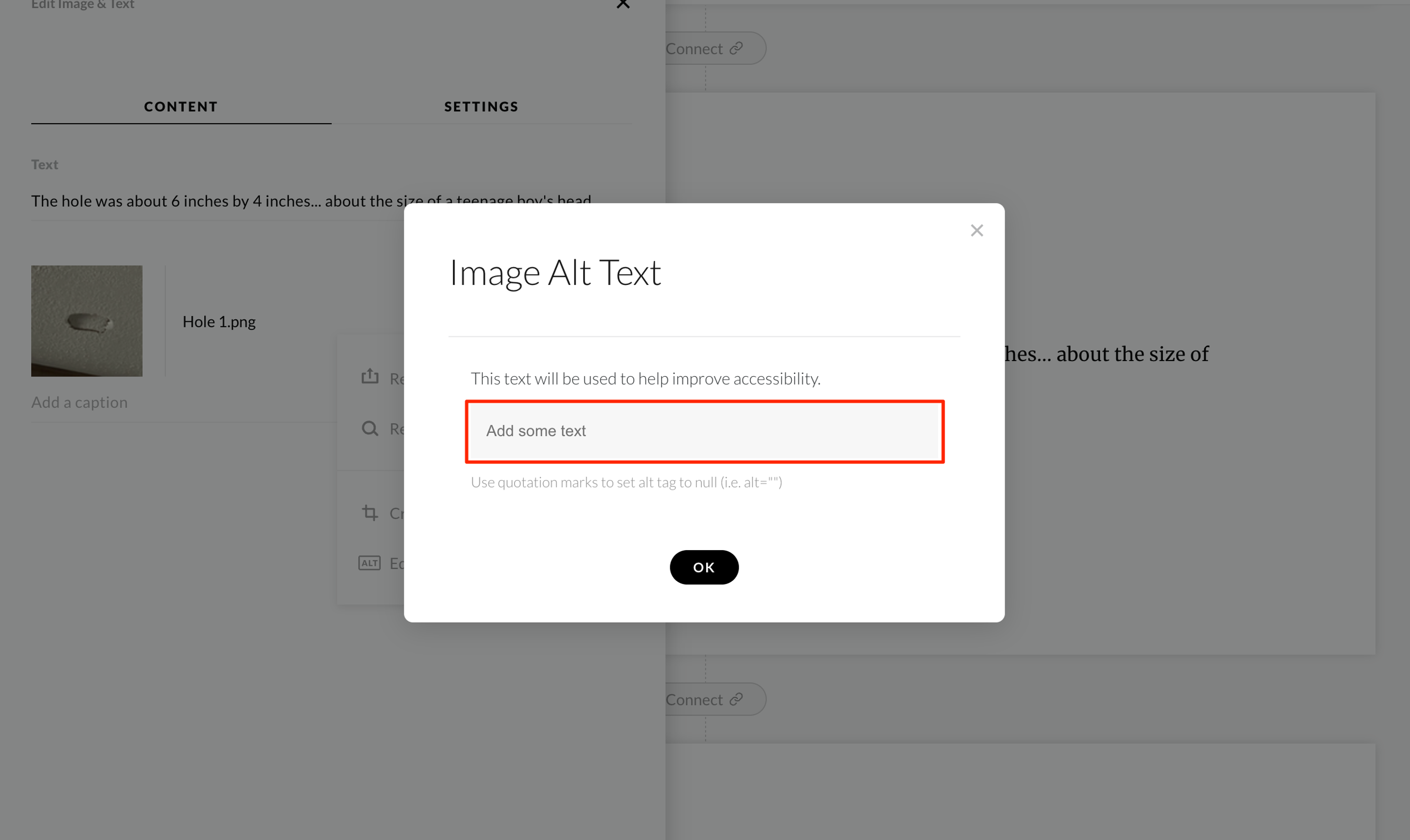 Screenshot of Articulate Rise “Image Alt Text” dialogue box with “Edit alt tag” highlighted.